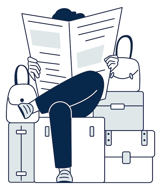 Person sitting on travel bag and reading newspaper Waiting in airport