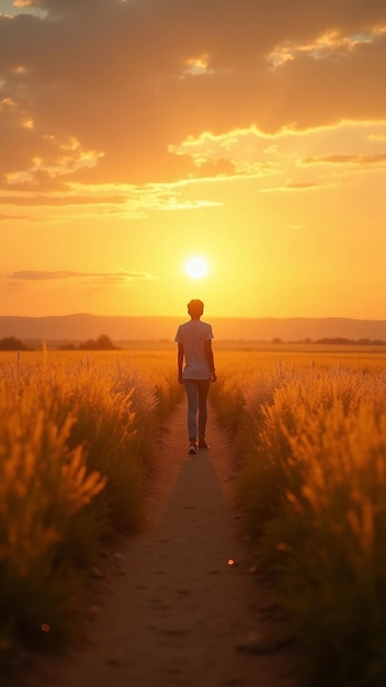 Person standing at a forked path in a golden field