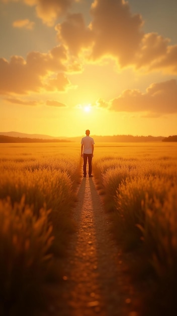 Person standing at a forked path in a golden field