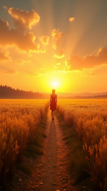 Person standing at a forked path in a golden field