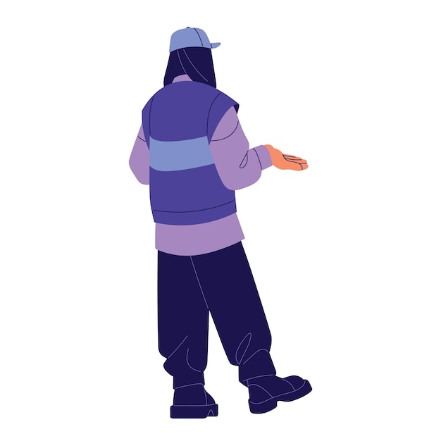 Person standing in a vest back view People wearing in casual urban outfit clothes in oversize style Young woman in cap backside Flat isolated vector illustration in white background