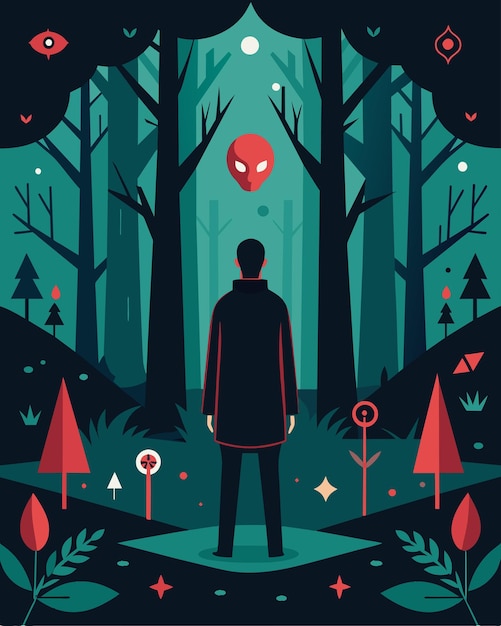 Vector a person stands in a forest surrounded by trees covered in symbols and markings meant to trigger