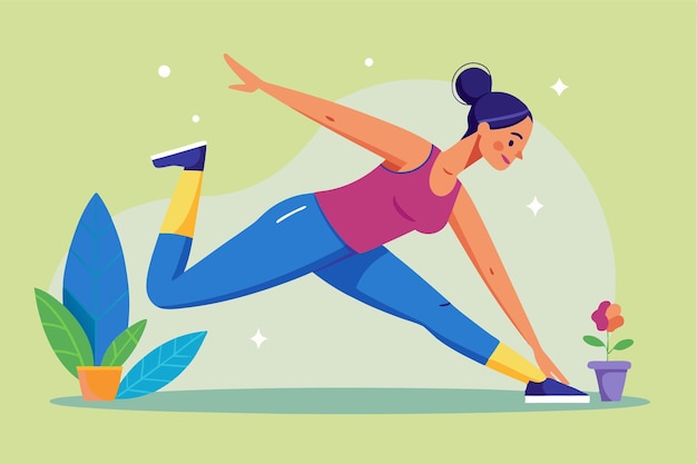 Vector a person stretches gracefully in vibrant exercise attire beside a flowering plant in a calm setting customizable flat illustration of stretching exercises