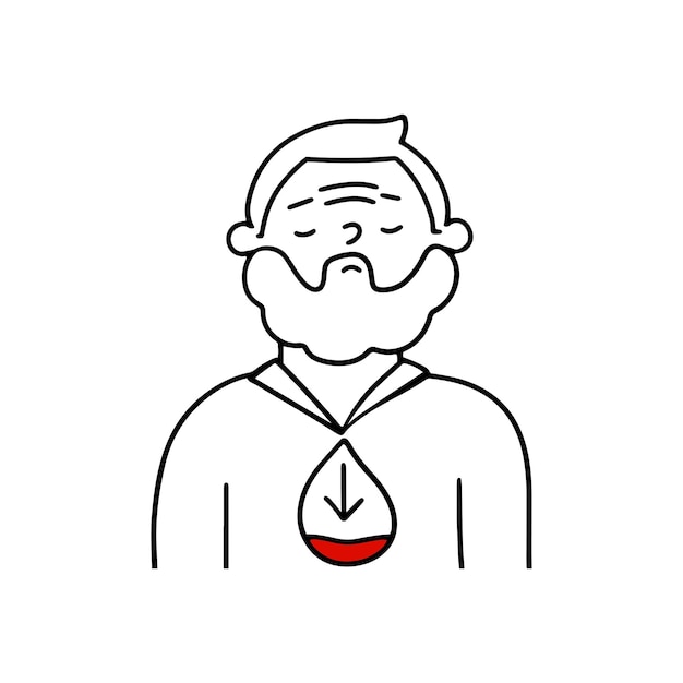 The person suffers from hypoglycemia Low blood sugar xAElderly man experiencing weakness Vector illustration in doodle style