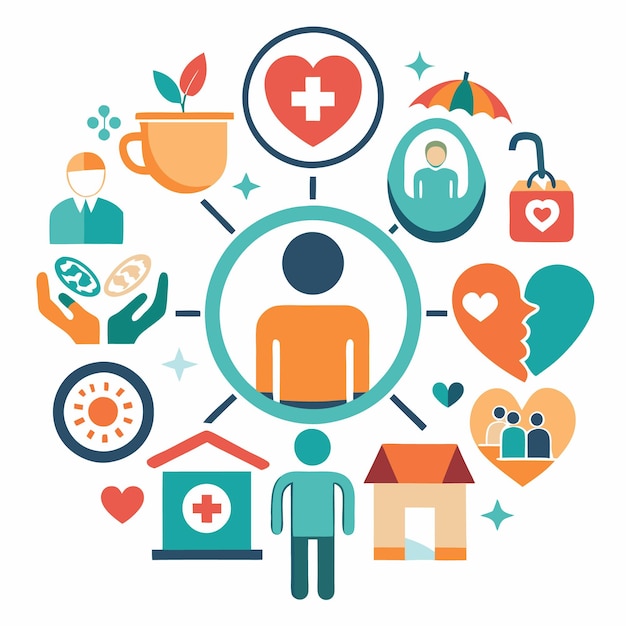 Vector person surrounded by icons depicting life health and security