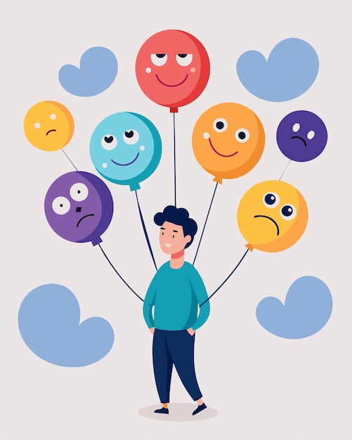 A person surrounded by stress balloons each one labeled with a different negative emotion such as