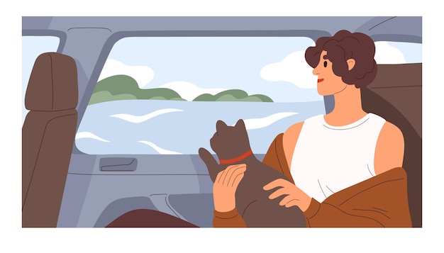 Person traveling with cat by car, looking outside window at sea landscape. Tourist with animal at summer holiday trip to seaside. Colored flat vector illustration of happy woman and pet in auto.