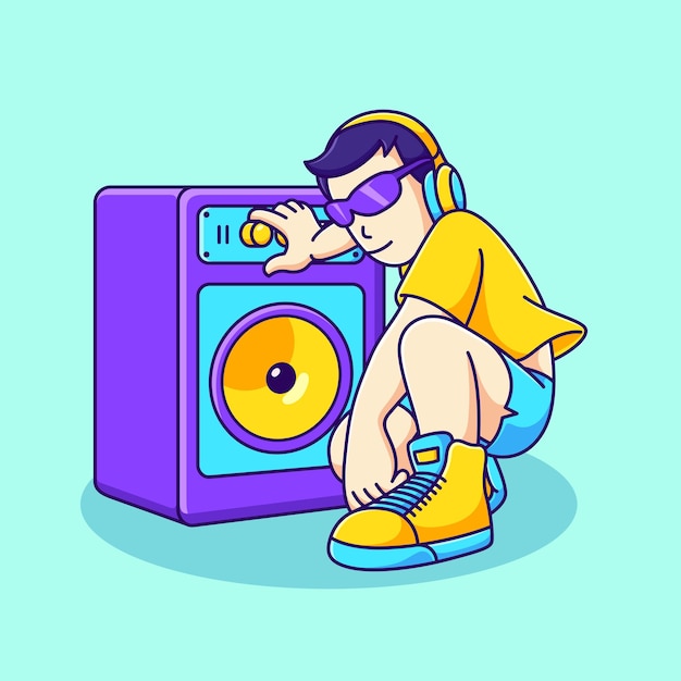 person turning on the loudspeaker and listening to music cartoon icon illustration