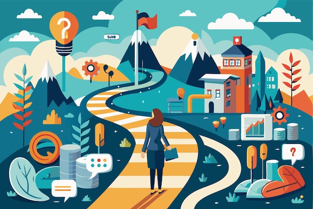 Vector a person walks along a winding path surrounded by mountains buildings and symbols of career choices and questions life path and career uncertainty