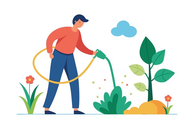 Vector person watering plants in garden with hose on a sunny day illustration