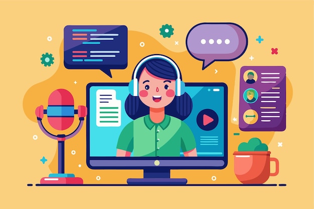 A person wearing headphones interacts via voice chat on a computer with a colorful display Voice chat Customizable Semi Flat Illustration