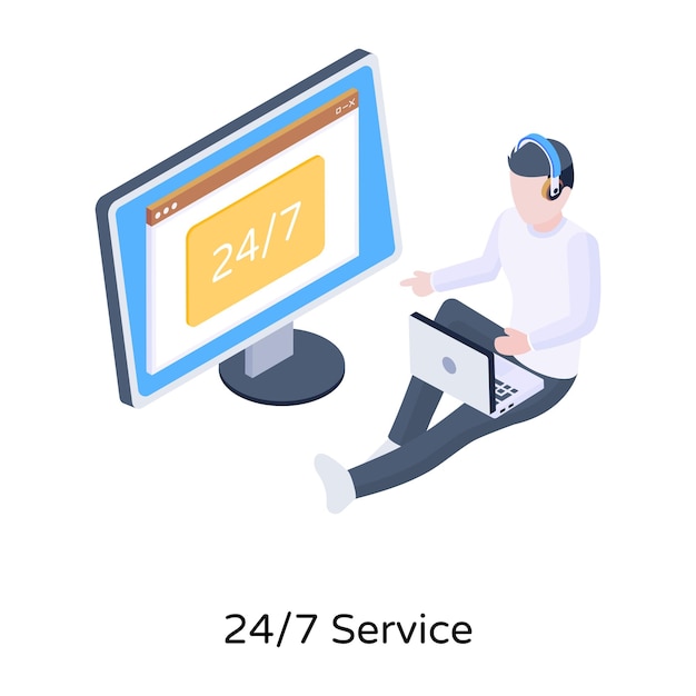 Person wearing headphones isometric icon off 24 hour service