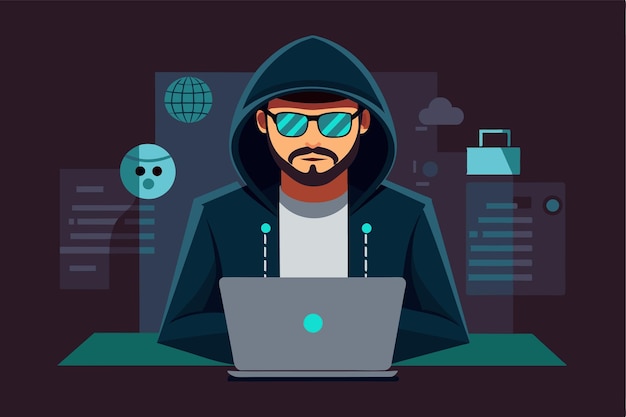 Vector a person wearing a hoodie is typing on a laptop in a techsavvy environment hacker customizable semi flat illustration