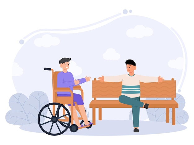 A person in a wheelchair is sitting and a man is talking with a disability illustration