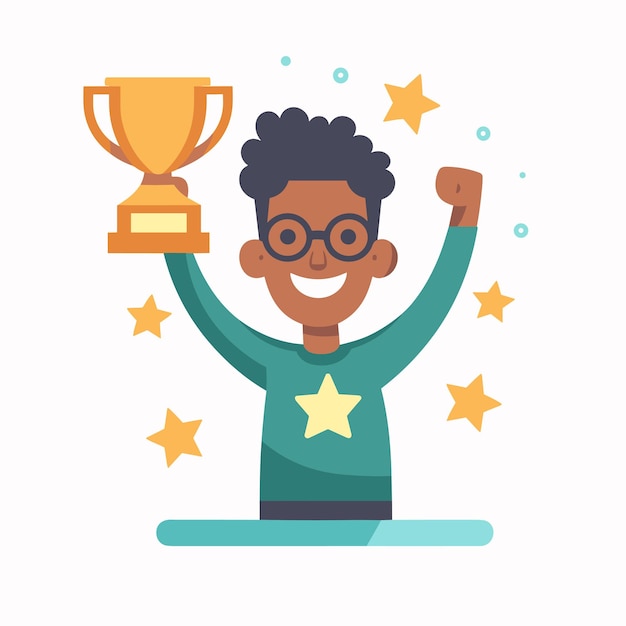 Person with a beaming smile holding an award cup high above their head Vector illustration