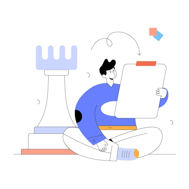 Person with chess piece and document, flat illustration of strategy