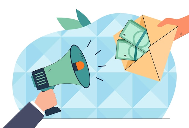 Person with megaphone announcing criminal bribe. Hand holding envelope with money flat vector illustration. Bribery, anti corruption campaign concept for banner, website design or landing web page