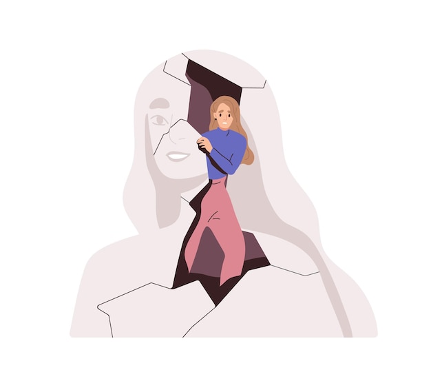 Person with mental health problems. Fear and anxiety, psychology concept. Scared anxious woman feel nervous about releasing self from inner world. Flat vector illustration isolated on white background