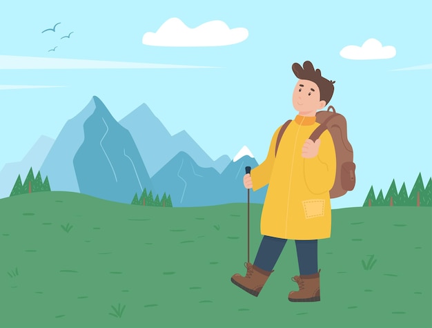 Vector person with stick hiking near mountains and forests. walking toursim on nature