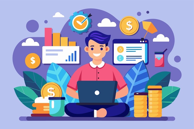 A person works on a laptop managing finances with various moneyrelated graphics surrounding them Manage money Customizable Flat Illustration