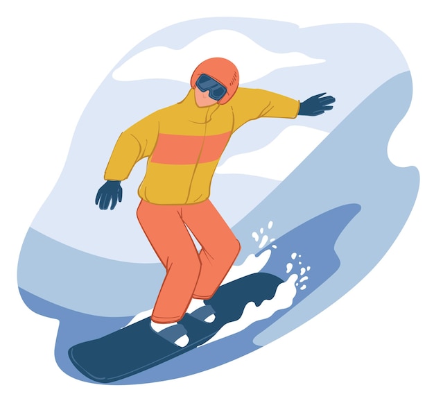 Personage snowboarding going downhill slope. Wintertime activities and sports, male character equipped with snowboard and goggles. Outdoors hobbies and vacation leisure. Vector in flat style