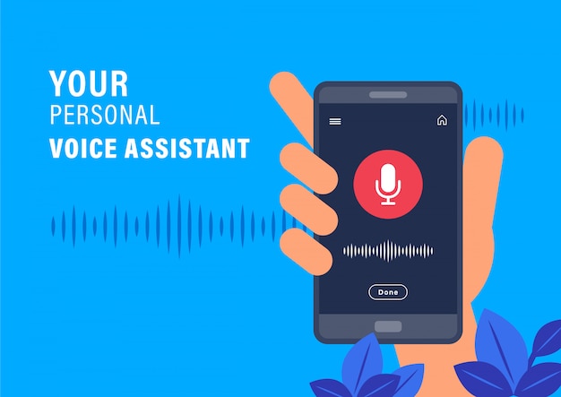 Personal assistant and voice recognition concept. Hand holding smartphone with AI voice assistant application. flat design vector illustration.