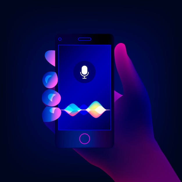 Personal assistant and voice recognition concept. Soundwave intelligent technologies. Hand holds a smartphone on the screen of microphone button with bright voice and sound imitation waves. 