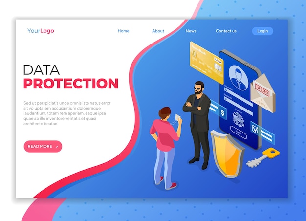 Personal Data Cyber Internet and security Protection banner Phone with confidential data protection Shield security guard Hero Badge Login Form antivirus hacking isometric isolated vector illustration