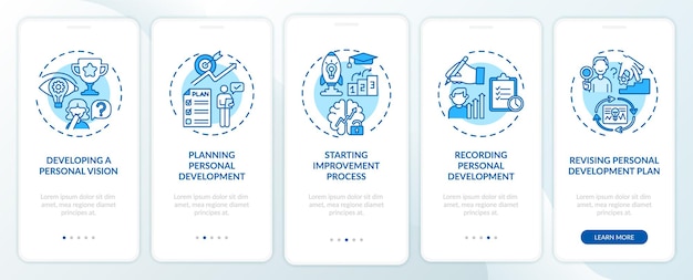 Personal development steps blue onboarding mobile app page screen with concepts