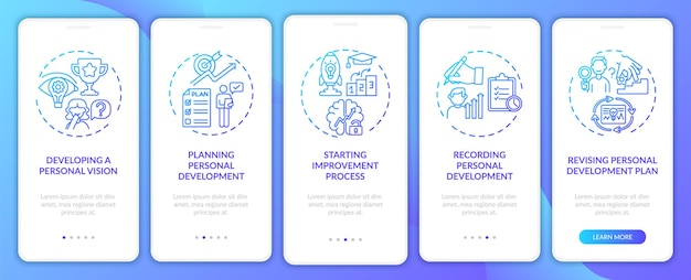 Personal development steps navy onboarding mobile app page screen with concepts