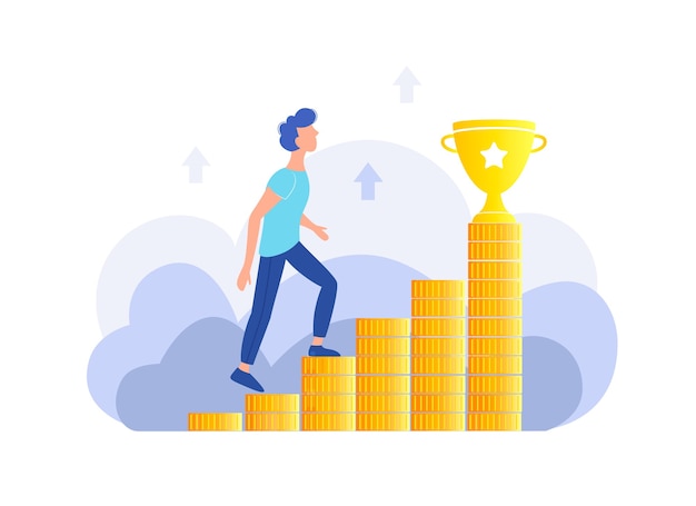 Personal effectiveness, career, success concept. The guy climbs the stairs of money to the gold cup. Trendy flat design.