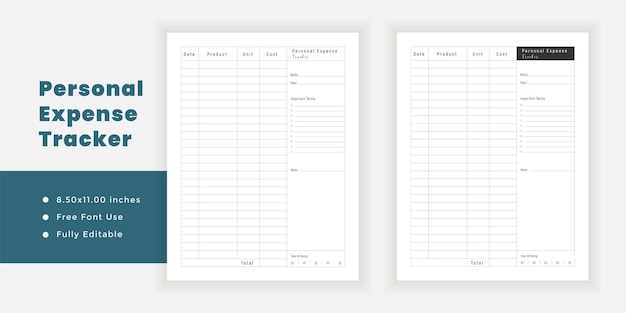 Personal expense tracker log book journal and minimalist planner printable pages templates