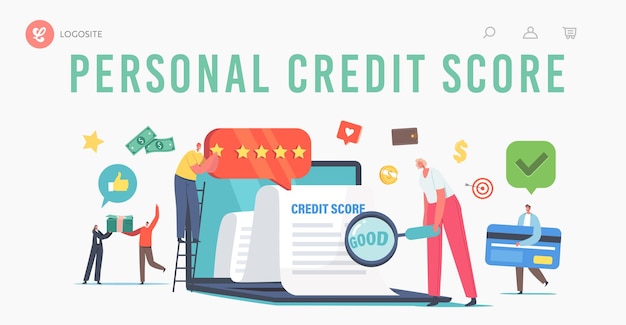 Vector personal good credit score landing page template. creditworthiness or risk of individuals for debt, mortgage or cards. tiny characters at huge laptop, loan approval. cartoon people vector illustration