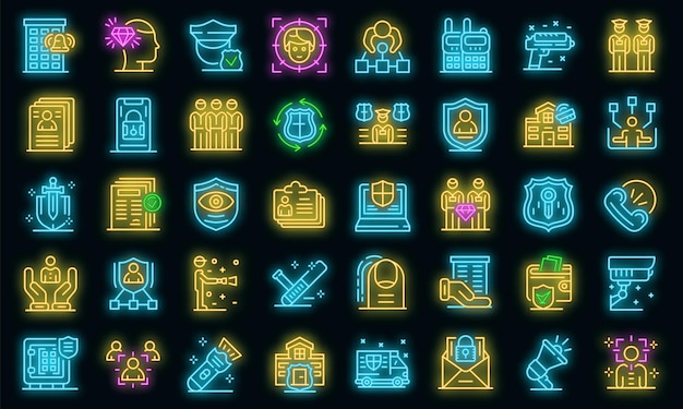 Personal guard icons set. Outline set of personal guard vector icons neon color on black