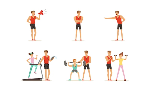 Vector personal gym coach helping people characters training vector illustrations set