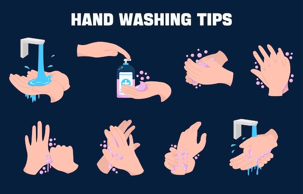 Personal hygiene, disease prevention and healthcare educational infographic how to wash your hands properly step by step and how to use hand sanitizer