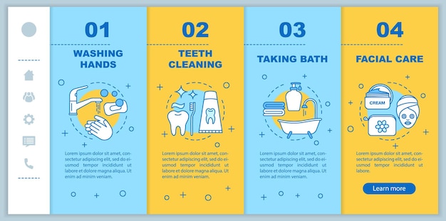 Personal hygiene onboarding mobile app page screen vector template Washing hands taking bath teeth cleaning walkthrough steps with linear illustrations UX UI GUI smartphone interface concept