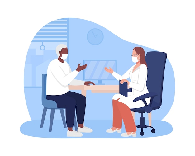 Personal physician appointment 2D vector isolated illustration. Receiving healthcare service flat characters on cartoon background. Discussing personal matters with doctor colourful scene