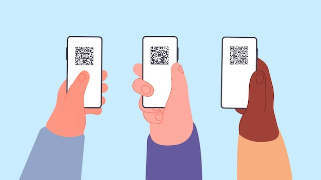 Personal qr identification Hands holding phones with QRcodes on screen Barcodes for people id information about vaccination vector concept