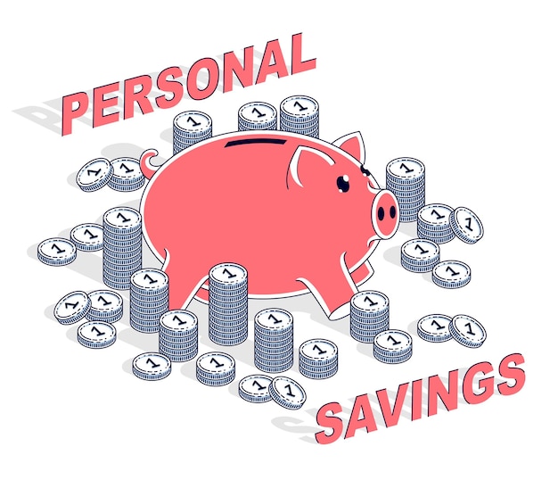 Personal Savings concept, Piggy Bank with cent coins stacks isolated on white background. Isometric vector business and finance illustration, 3d thin line design.