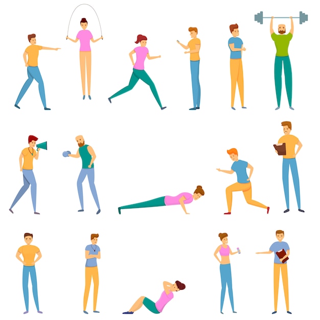 Personal trainer icons set, cartoon style