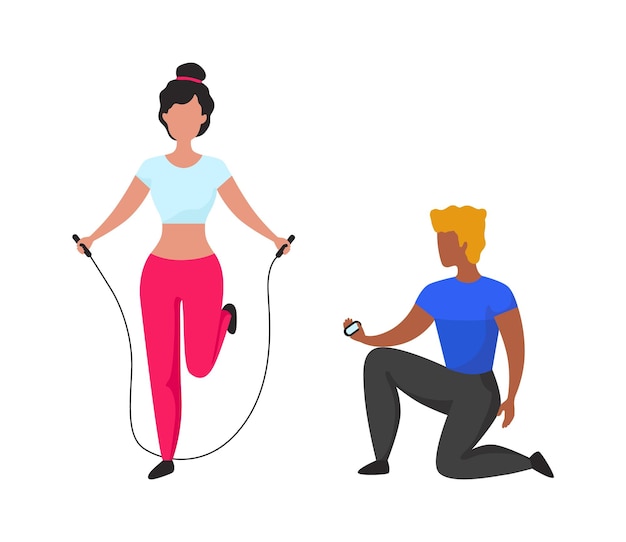 Personal workout exercises with jumping rope Sport exercises with gym coach Woman in training clothes with sports equipment active lifestyle vector cartoon isolated characters