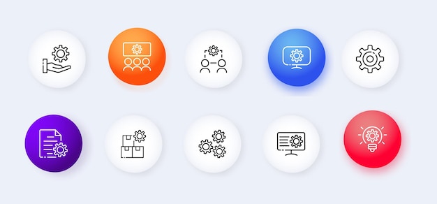 Personalization flat line icons set Settings flat color gear electronics documents team work boxes hand business concept Vector flat line icons set