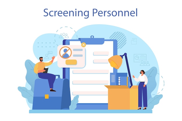 Personnel screening concept Business recruitment and empolyee control HR or personnel manager monitoring workers Isolated flat vector illustration