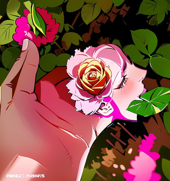 a persons hand is holding a pink rose with green leaves