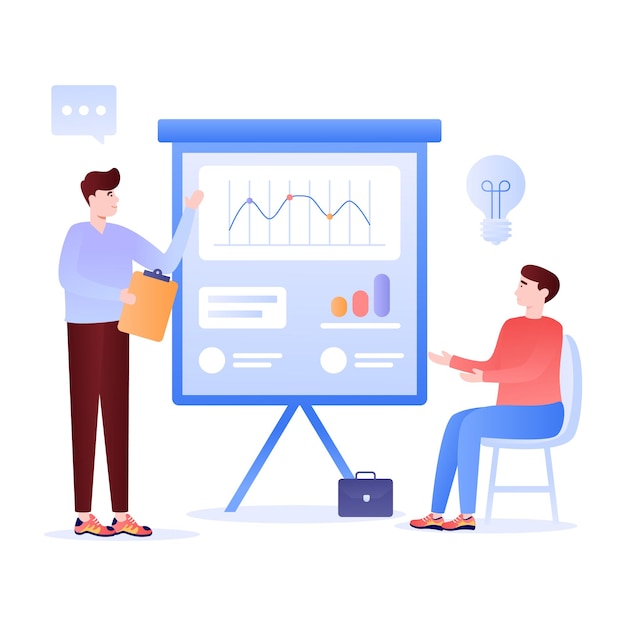 Persons monitoring chart and graph flat illustration of data analysis