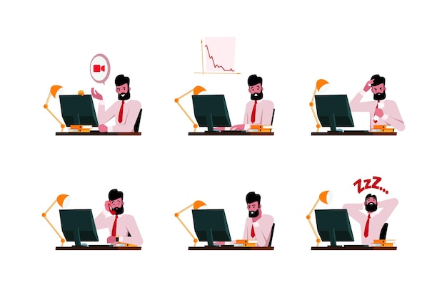 Persons sitting at pc Businessman working at laptop professional workplace with computer lazy character garish vector cartoon template