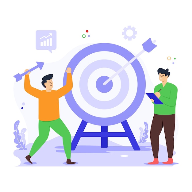 Persons with dartboard concept of target flat illustration