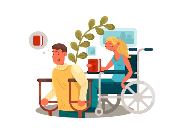 Vector persons with disabilities. man with crutches and woman in wheelchair. vector illustration