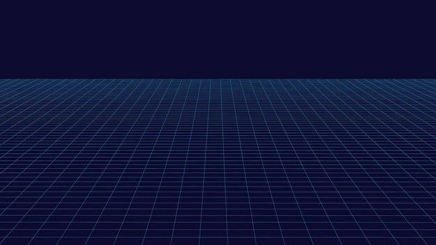 Perspective blue grid on a dark background Futuristic vector illustration Background in the style of the 80s